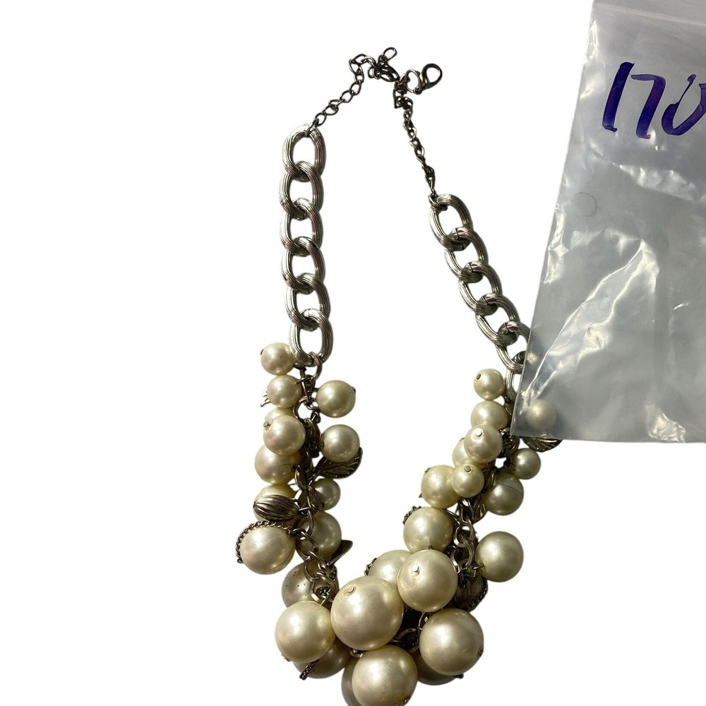 Chunky Silver Chain Pearl Cluster Necklace Statement Fashion Jewelry